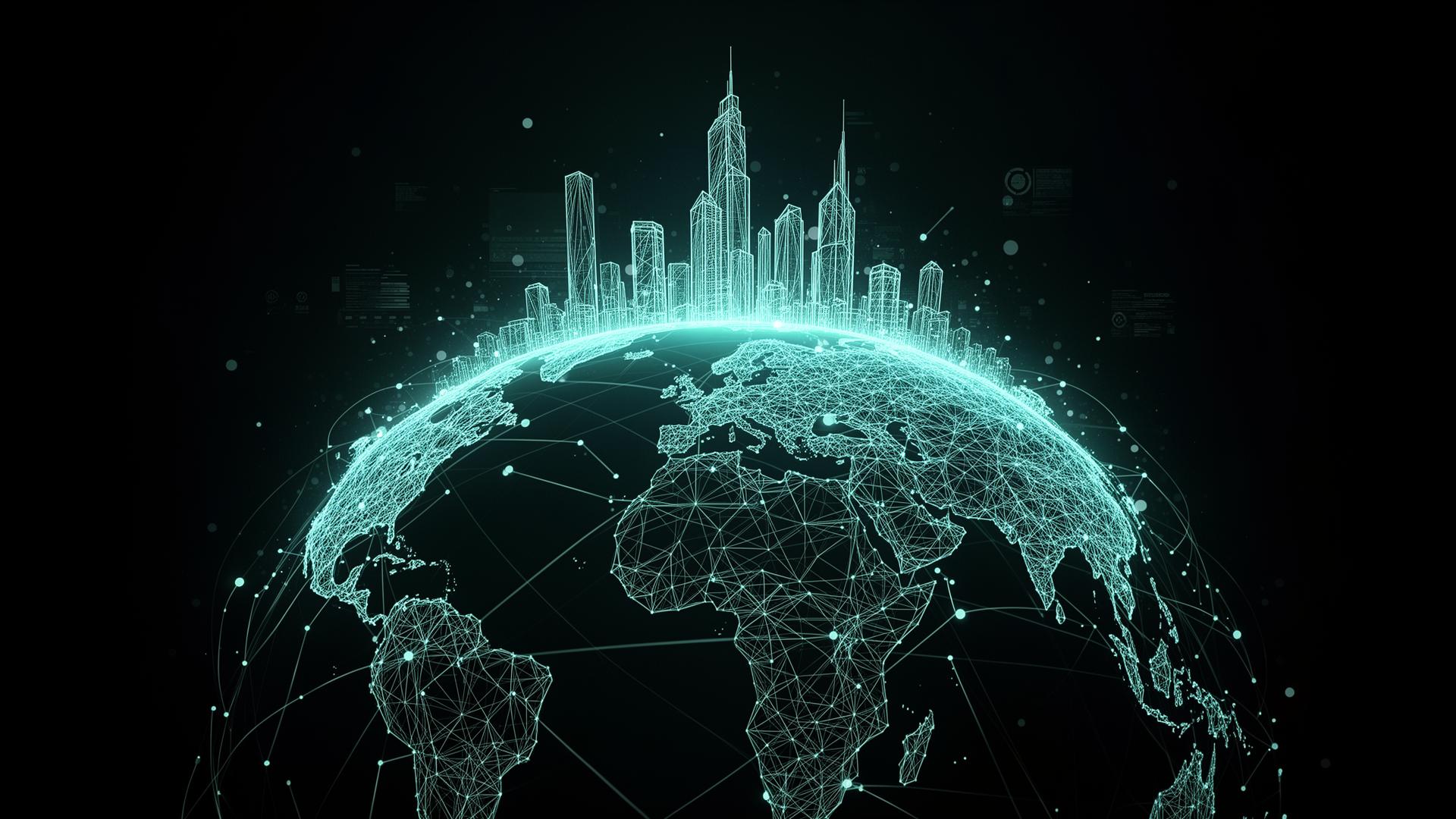 Globe connecté et silhouette urbaine — réseau de données SIG